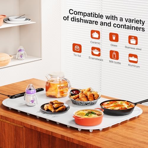 Warming Mat for Food, Voriah Electric Warming Tray with 99H Timer & 8 Temperature Settings, Foldable Food Warmer with °C/°F Switch, Keeps Food Warm at Buffets, Sabbath, Family Gatherings(White) - Image 4
