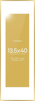 Homeforia 13.5x40 Panoramic Frame Gold, High End Metal 13.5x40 Picture Frames with Mat 10x30 Photo, 13.5 x 40 Poster Frames Matted to 10 by 30 Print, 40x13.5 Frames, Tempered Glass, Wall Kit, Set of 1