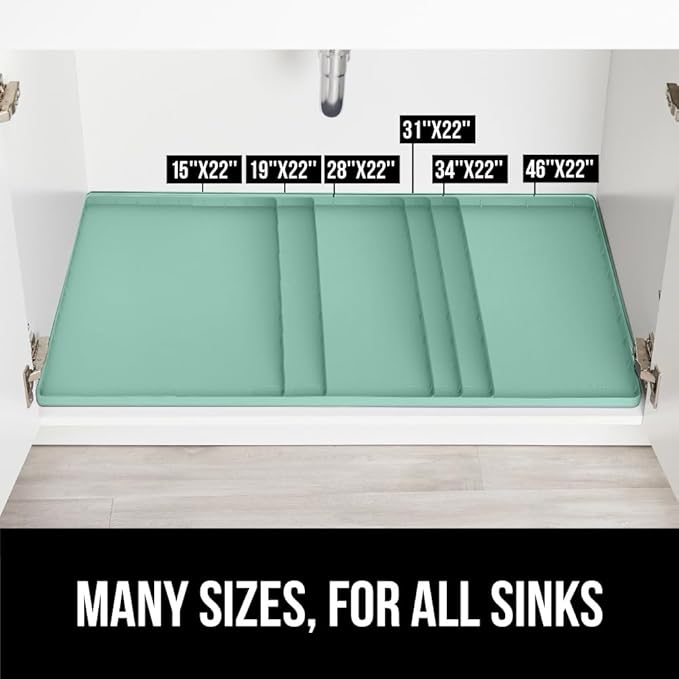 GORILLA GRIP Waterproof Silicone Under Sink Mat with Raised Lip for Kitchen and Bathroom, 46 x 22 in, Cabinet Shelf Liner Stay in Place Mats Dishwasher Safe Drawer Liner, Organizer Tray, Mint
