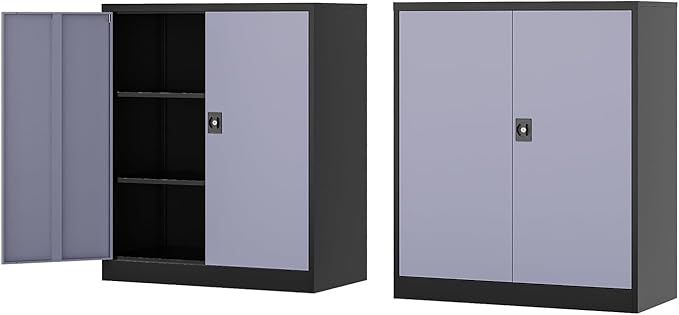 Metal Storage Cabinet-36” Tall Steel File Cabinets with Lockable Doors and Adjustable Shelves-Black&Gray Steel Storage Cabinet for Home Office, School, Garage