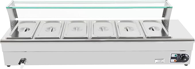 Electric Steam Table Food Warmer, 1200W Stainless Steel Bain Marie Buffet Food Warmer, 6-Pan 19Qt Commercial Buffet Warmer Countertop Steam Table with Sneeze Guard & Temp Display, 86-176℉