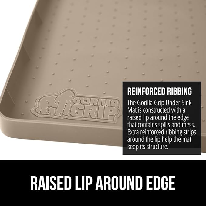 GORILLA GRIP Waterproof Silicone Under Sink Mat with Raised Lip for Kitchen and Bathroom, 31 x 22 in, Cabinet Shelf Liner Stay in Place Mats Dishwasher Safe Drawer Liner, Organizer Tray, Beige
