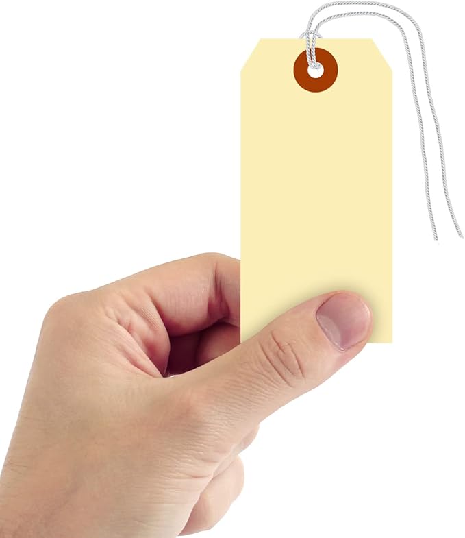 SmartSign Blank Shipping Tags with Pre-Attached Loop Strings, Size-4, Pack of 1000, 10pt Thick Manila Cardstock Tag, 4.25 x 2.125 inch Paper Hang Tags with Reinforced Fiber Patch