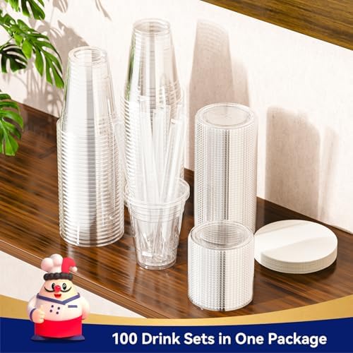 JOLLY CHEF 16 oz Plastic Cups with Lids and Straws 100 Pack for Cold Drink - Image 6