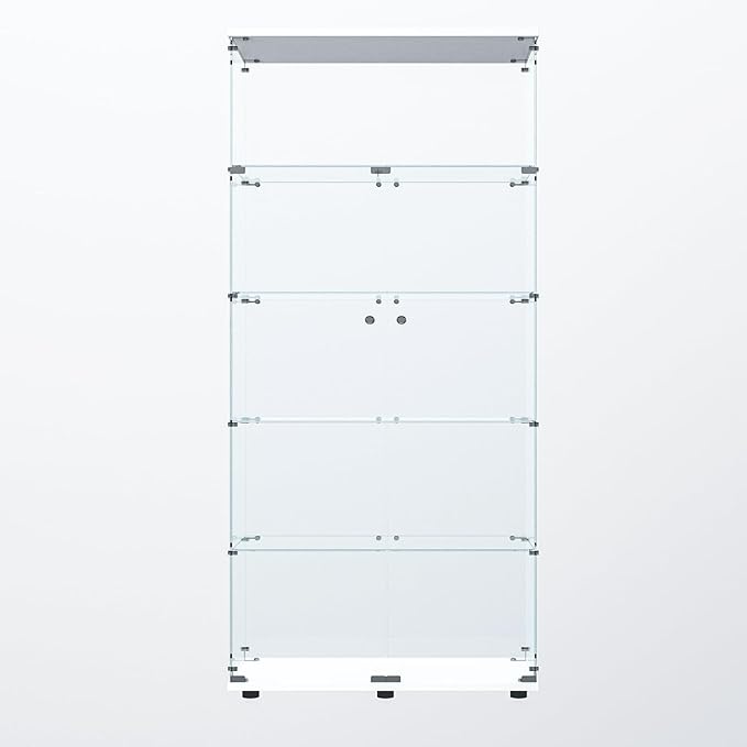 Glass Display Cabinet with LED, 5 Shelves with 2 Doors, Curio Storage Cabinets with Lock for Living Room, Office, Floor Standing Glass Bookshelf, Quick Installation - White