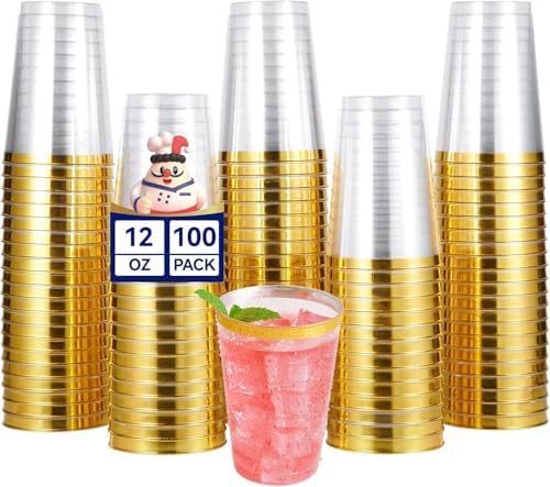 JOLLY CHEF Gold Rimmed Plastic Cups 12 oz 100 Pack Disposable Cups by JOLLYCHEF