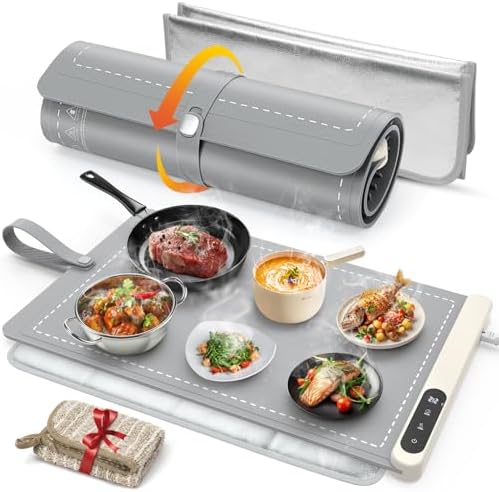 FYY Warming Mat for Food with Heat Resistant Pad, Prevent Countertop Cracks, Keep Meal Warm, Rapid and Full Surface Heating, 6 Temp Settings, 6H Timer, Upgraded Rollable Portable Food Warmer Mat Grey by FYY
