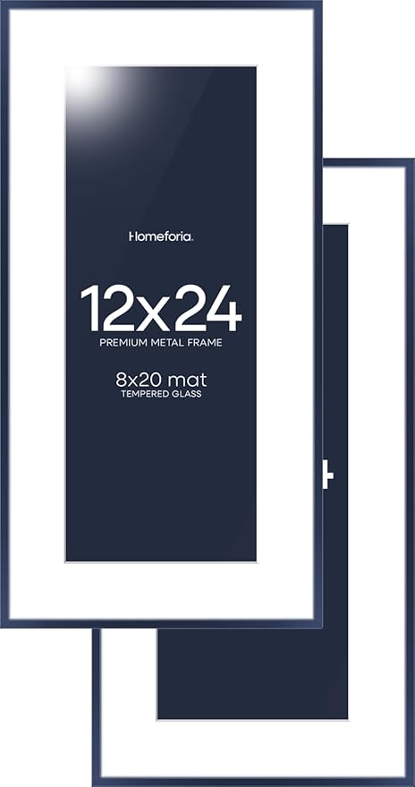 Homeforia 12x24 Navy Blue Picture Frame, High End Metal 12x24 Poster Frames with Mat 8x20 Photo, 12 x 24 Navy Blue Frame Matted to 8 x 20 Art, 24x12 Panoramic Frame, Tempered Glass, Wall Kit, Set of 2