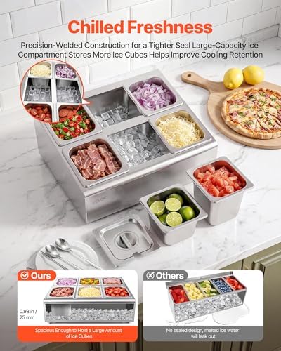 VEVOR Countertop Food Serving Display Container, Stainless Steel Food Salad Server Tray, Buffet Condiment Dispenser, Ice Cooled Rack with Separate Lid, for Restaurant Hotel Kitchen Party (6x1/6 Pan) - Image 2