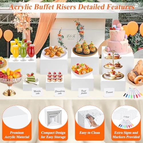 11 Pcs White Acrylic Buffet Risers and Stand with Mini Table Sign and Maker - Image 6