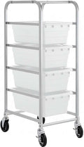 19"x26"x53" Mobile Aluminum Lug Rack with 4 White Tote Boxes – NSF Heavy-Duty Commercial Storage Cart with 5" Swivel Casters, Portable Food Prep & Dishroom Utility Rack – Freezer Safe, 4 Lug Capacity