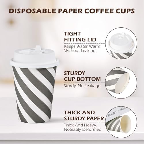 JOLLY CHEF Disposable Paper Plates 10 inch 140 Count and 100 Pack 12 oz Paper Coffee Cups, Printed Drinking Cups with Lids(Stripes and Grey) - Image 3