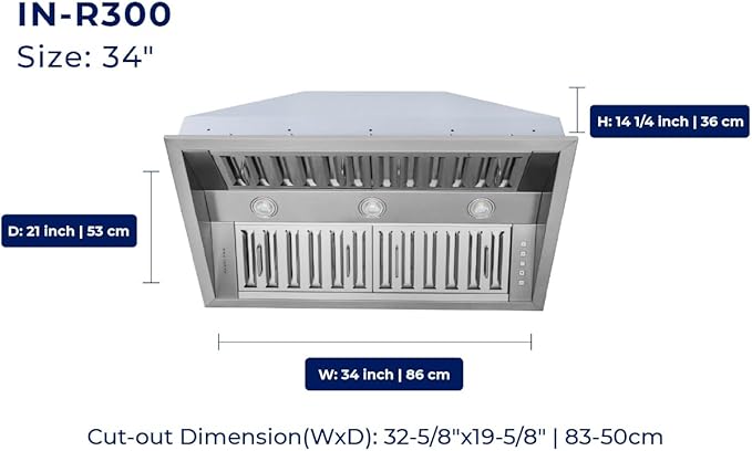 Hauslane Range Hood Insert 34 Inch - Stainless Steel Built-In Vent with 800 CFM Suction, Quiet Operation, LED Lights, 3-Speed Fan, 21" Deep, Ducted/Ductless Convertible for Insert Mount