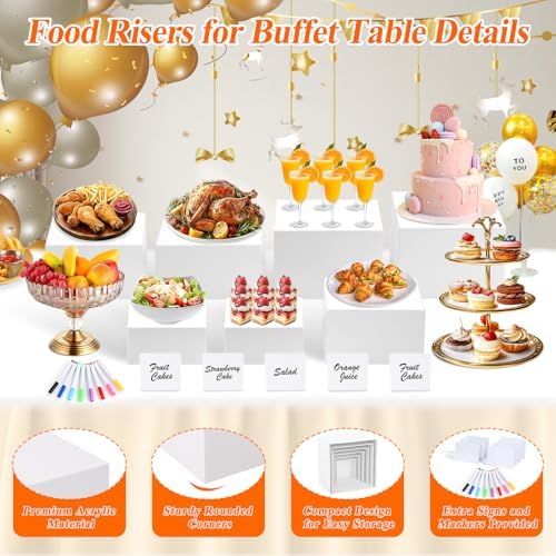 7Pcs White Acrylic Buffet Risers with Mini Sign and Marker, Food Display Risers for Party Catering Dessert Jewelry Collectibles,Acrylic Cube Nesting Boxes with Hollow Bottoms(8" 7.5" 7" 6.8" 6" 5" 5") - Image 6