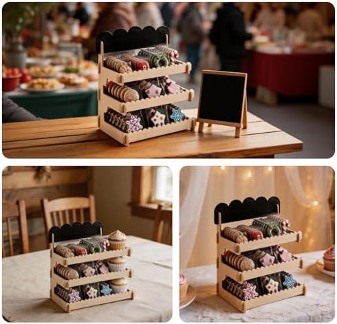 Cookie Display Stand, Cookie Display, 3 Tier Wooden Dessert Display Stand with Chalkboard, Rustic Scalloped Serving Tray for Party, Wedding, Bakery Treats and Small Items - Image 6