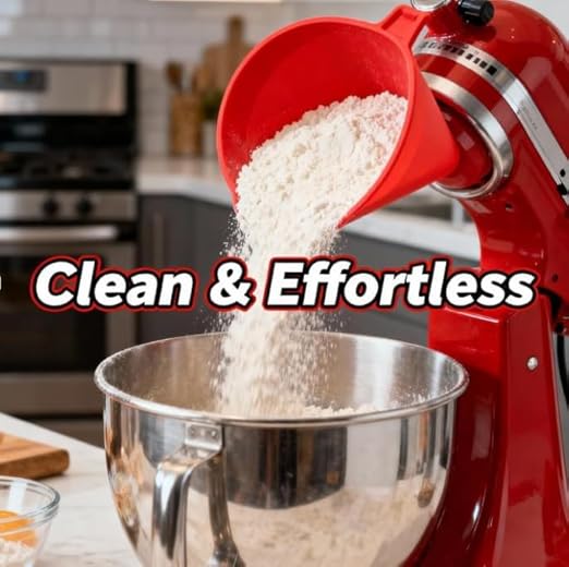 Upgraded Flour Funnel for Kitchen Aid Mixer,Flour Funnel- Stand Mixer Attachment,Secure-Fit No-Spill Funnel with Deep Pour Design, Improved Stability & Easy-Clean Attachment -Large Size (White)