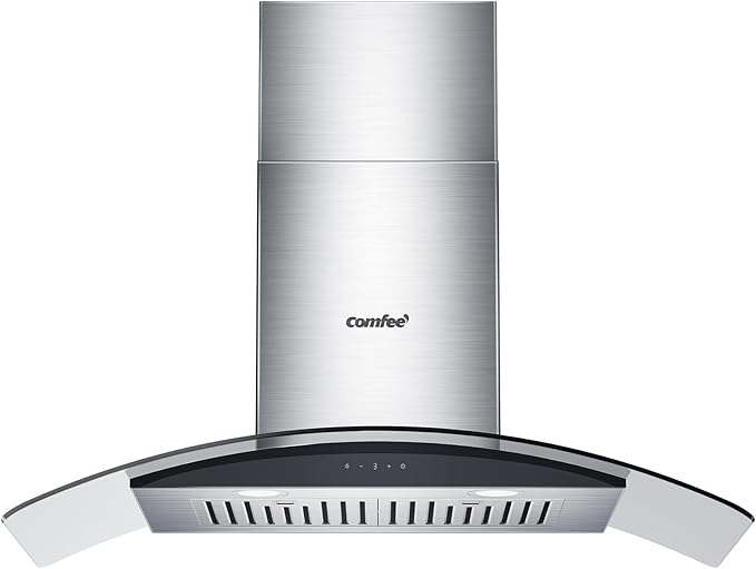 COMFEE' Curved Glass Range Hood 36 Inch 450 CFM 3 Speed Gesture Sensing &Touch Control Panel Stainless Steel Kitchen Ductless/Ducted Convertible with Baffle Filters and 2 LED Lights (CVG36W9AST)