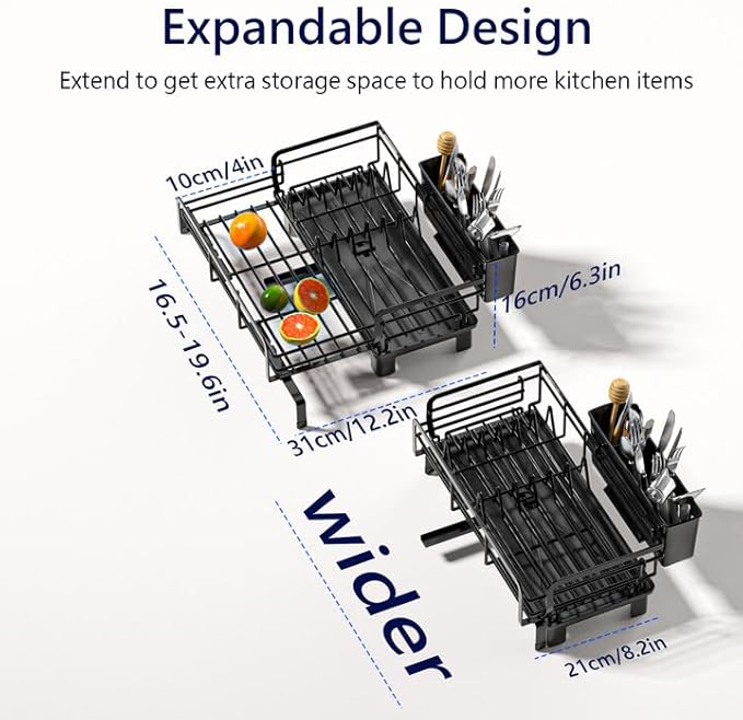 MIKEE Small Dish Drying Rack for Kitchen Counter, Expandable Rustproof Dish Drainer - Over The Sink Dish Drying Rack with 360° Rotating Drain, Kitchen Utensil Holder, Home and Kitchen Organization