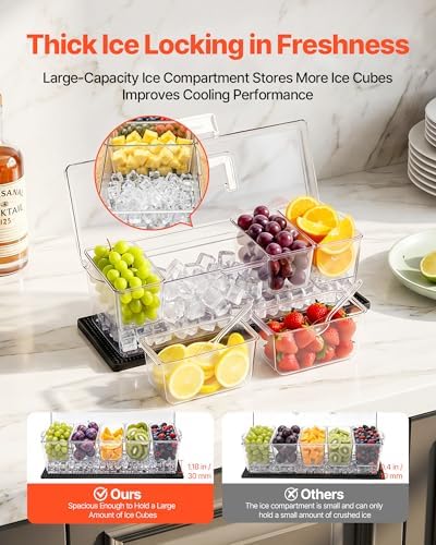 VEVOR Chilled Condiment Server Caddy, 5 Compartment Ice Cooled Serving Container, Plastic Fruit Garnish Tray Platter with Lid, for Taco Salad Bar Accessories, Party Home Restaurant Supplies - Image 2