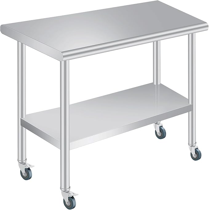  Stainless Steel Prep Table, 24 x 48 Inches Heavy Duty Commercial , with Rounded-Corner, Adjustable Undershelf and 4 Caster Wheels, Heavy Duty Work Table with Adjustable Under Shelf for Outdoor, Res