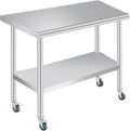  Stainless Steel Prep Table, 24 x 48 Inches Heavy Duty Commercial , with Rounded-Corner, Adjustable Undershelf and 4 Caster Wheels, Heavy Duty Work Table with Adjustable Under Shelf for Outdoor, Res