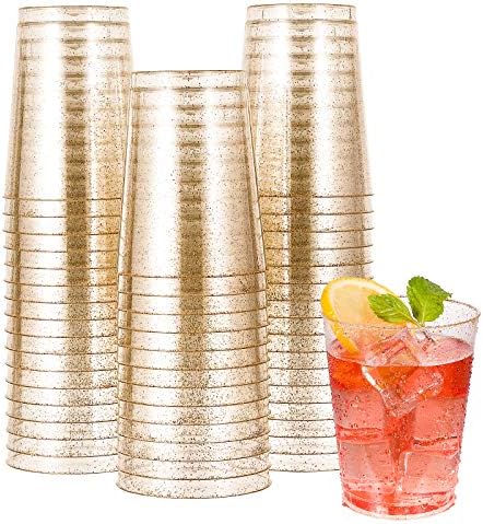 JOLLY CHEF 50 Pack 10 oz Gold Glitter Plastic Cups, Disposable Party Cups by JOLLYCHEF