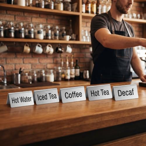 7Pcs Stainless Steel Coffee Table Tent Signs, 3.9 x 2.4 Inch Double Sided Beverage Display Stand for Cafe Buffet Restaurant Party (Coffee, Decaf, Hot Tea, Iced Tea, Hot Water, Cream, Milk) - Image 5