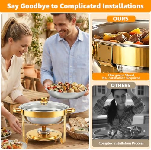 4 Pack 5QT Gold Chafing Dishes for Buffet,Installation-Free Stands,Round - Image 3