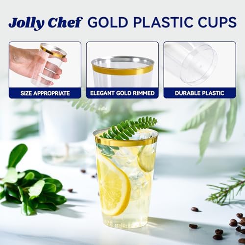 JOLLY CHEF Gold Rimmed Plastic Cups 12 oz 100 Pack Disposable Cups - Image 4