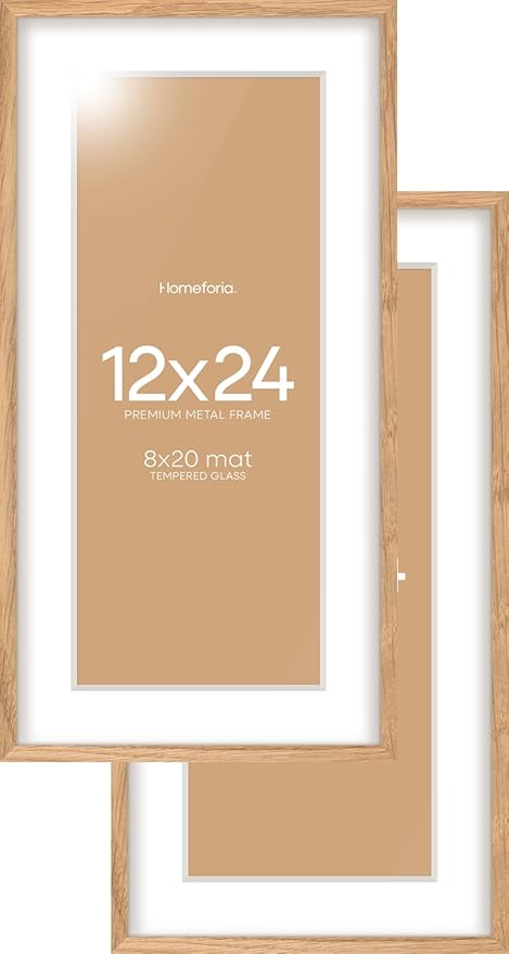 Homeforia 12x24 Wood Frame, High End Natural Oak 12x24 Light Wooden Picture Frame with Mat 8x20, 12 x 24 Poster Frames Matted to 8 by 20 Photo, 24x12 Hanging Frames, Tempered Glass, Wall Kit, Set of 2