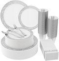 210 PCS Plastic Plates Set With Silver Rim Dinnerware Set for 30 Guests by JOLLYCHEF