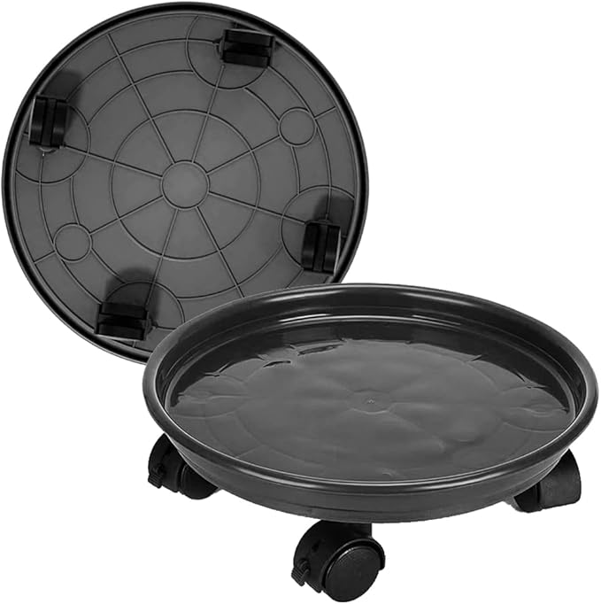 2 Pack Plant Caddy with Wheels,Round Potted Rolling Plant Stand with Wheels Heavy Duty Flower Pot Rack on Rollers Dolly Trolley Saucer Tray Pallet with Universal Wheels (14inch, Black)