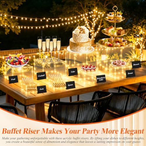 8 Pcs Clear Acrylic Buffet Risers with LED Fairy Lights, Acrylic Food Risers with Mini Sign and Maker, Clear Buffet Risers and Stands for Party Catering Dessert Collectibles(9" 8" 7" 6" 5" 5" 4" 4" ) - Image 7