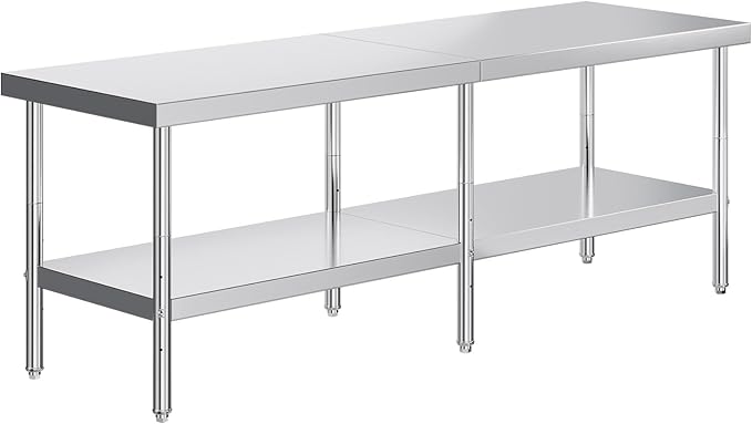Jocisland 30" x 96" Stainless Steel Table for Prep & Work Adjustable Under Shelf and Feet, for Commercial Kitchen, Restaurant, Hotel and Garage