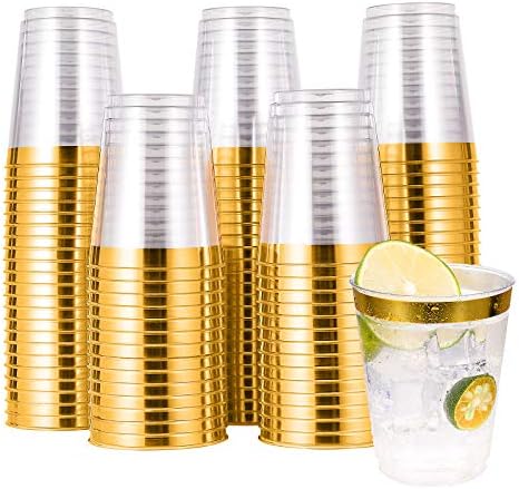 JOLLY CHEF 100 Pack Gold Plastic Cups, 10oz Clear Disposable Cups for Party by JOLLYCHEF