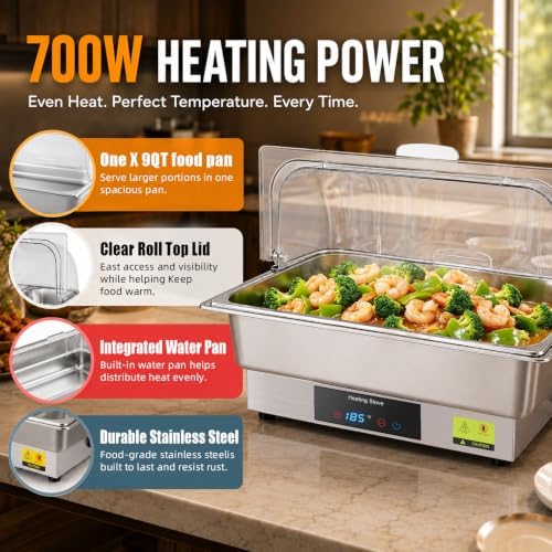 Electric Chafing Dish Buffet Server with Touch Control, 9QT Full Size Food Pan, Stainless Steel Roll Top Food Warmer for Catering Buffet - Image 4