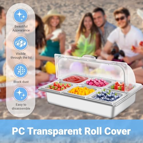 Countertop Ice Food Serving Display Tray with 6 Pan, Portable Salad Bar Buffet Station for Home, Cold Food Buffet Server, Stainless Steel Pizza Topping Station with Clear Roll Top Cover, 3 Ice Packs - Image 6
