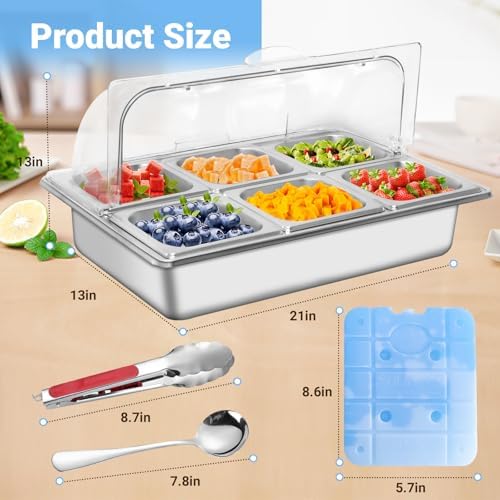 Countertop Ice Food Serving Display Tray with 6 Pan, Portable Salad Bar Buffet Station for Home, Cold Food Buffet Server, Stainless Steel Pizza Topping Station with Clear Roll Top Cover, 3 Ice Packs - Image 2