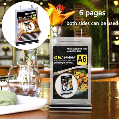 2Pcs Table Flip Menu Holder with 6 Pages Sleeve, 4" X 6" Tabletop Sign Signage Vertical Display Stand with Base, Acrylic PVC Rotating Poster Binders Rack, for Photo, Restaurant, Bar, Job Fair - Image 3