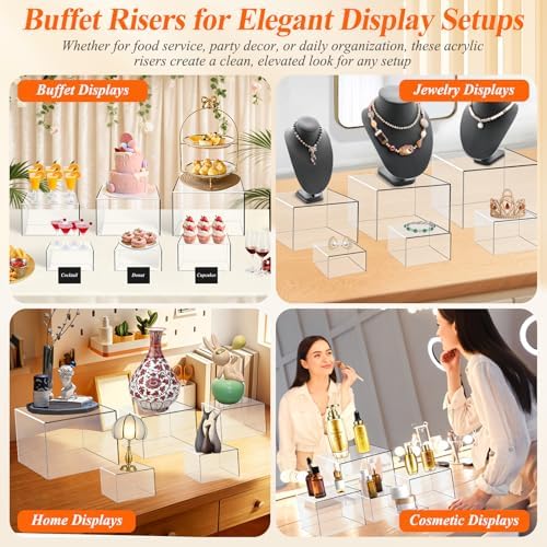 8 Pcs Clear Acrylic Buffet Risers with LED Fairy Lights, Acrylic Food Risers with Mini Sign and Maker, Clear Buffet Risers and Stands for Party Catering Dessert Collectibles(9" 8" 7" 6" 5" 5" 4" 4" ) - Image 4