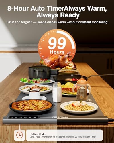 Expandable Warming Mat for Food – iTRUSOU 38"x16" Silicone Warming Tray with 7 Temp Settings, Switchable℃/℉, 99H Timer, Child Lock – 2 Panels Custom Sizes for Energy Efficiency - Image 3