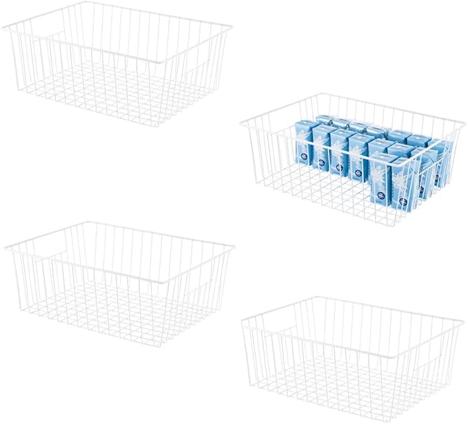 16" L x 12" W Wider Freezer Storage Organizer Baskets Container, Deep Metal Wire Chest Upright Refrigerator Divider with Built-in Handles for Cabinet, Pantry, Closet, Kitchen