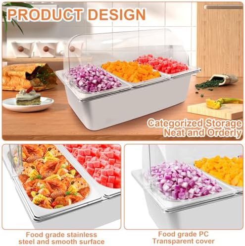 Countertop Food Serving Display Container with Clear Roll Top Cover, Catering Supplies Buffet Display, Perfect Salad Bar Buffet Station for Home and Catering Supplies, Cold Food Buffet Server(3 Pan) - Image 6