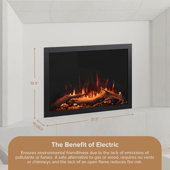 Modern Ember Highmark Traditional 30 Inch Built-in Smart Electric Fireplace Insert with Remote Control | Alexa/WiFi Enabled | Electric Firebox Heater with Multi-Color Flames | 1500W