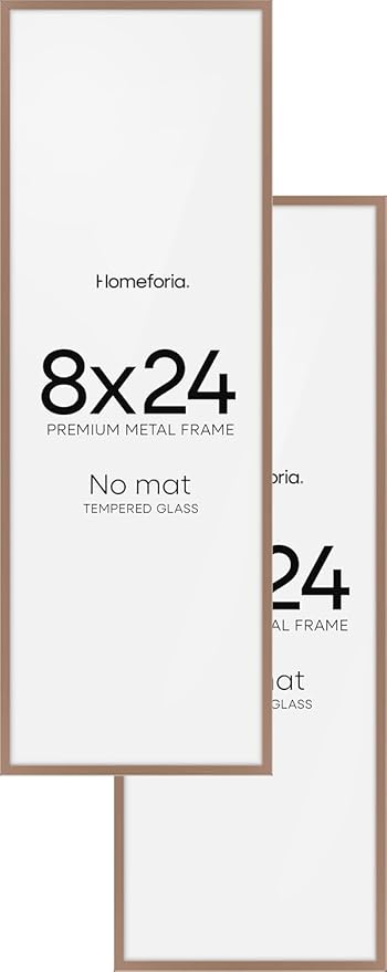 Homeforia 8x24 Panoramic Frame Mocha, High End Metal 8 x 24 Picture Frames without Mat, 24x8 Hanging Mocha Poster Frames for Wall, 8 by 24 inches Display Photo Frames, Tempered Glass, Wall Kit, Set of 2