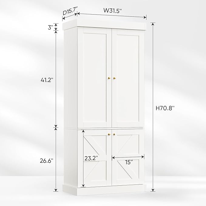 70.8" Tall Farmhouse Kitchen Pantry Cabinet with Doors, Modular Storage Cabinet with 4-Tier Adjustable Shelves, White, Wooden Hutch for Living Room, Kitchen
