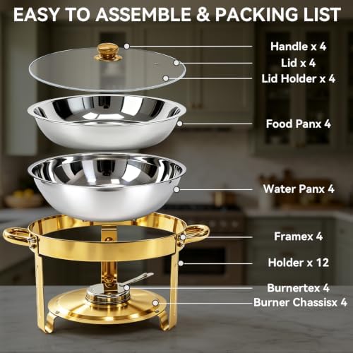4-Pack 6QT Chafing Dishes for Buffet, 304 Stainless Steel Chafing Dish Buffet Set with Glass Lids & Lid Holders – Food Warmers for Parties, Weddings, Birthdays & Catering, Gold - Image 3