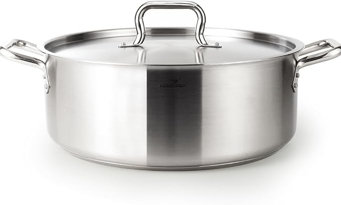 HOMICHEF 19 Quart LARGE Stainless Steel Braiser Pan with Lid - Commercial Grade NICKEL FREE Matte Polished Stainless Steel Braiser Pot 19 QT - Heavy Weight Braising Pan Non Toxic Induction