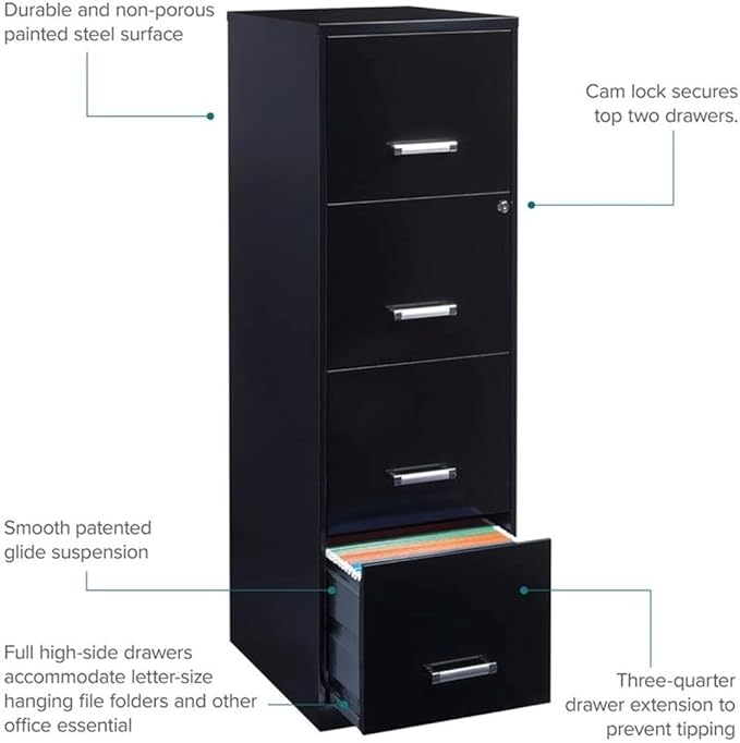 Scranton & Co 18" Deep Light Duty 4 Drawer Metal Letter Filing Cabinet in Black, Pre-Assembled