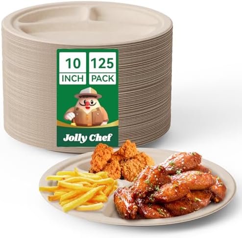 JOLLY CHEF Heavy Duty Compostable 3 Compartment Paper Plate 10 Inch 125 Pcs by JOLLYCHEF